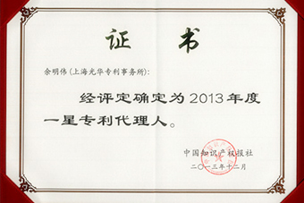 2013年度一星專利代理人證書